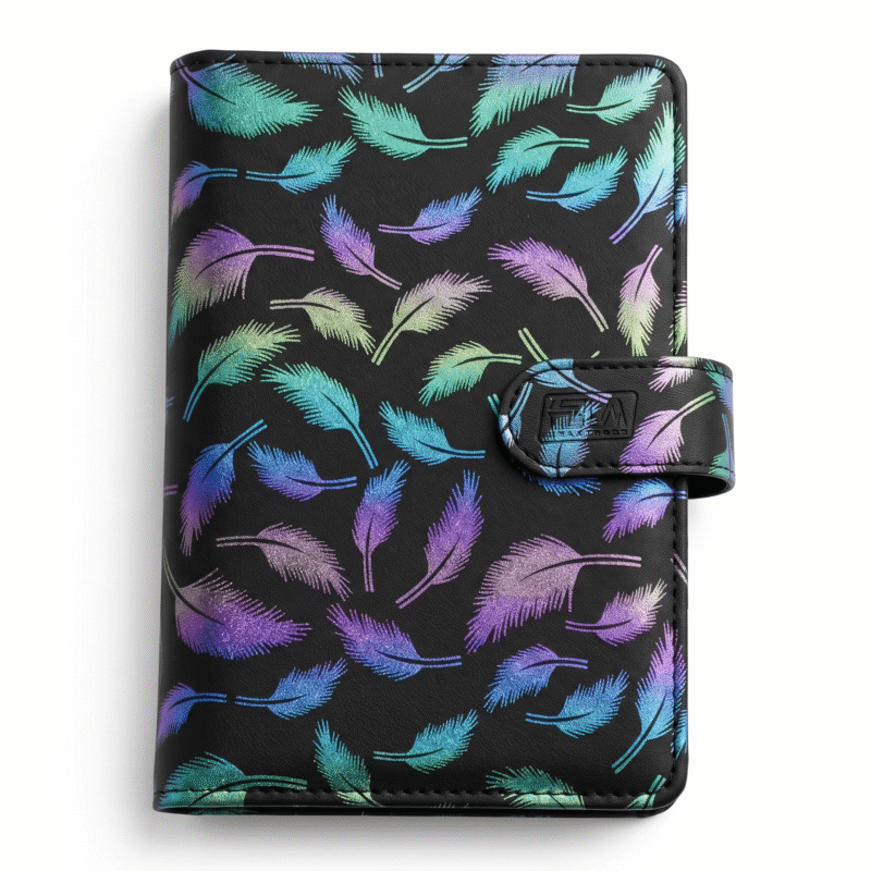 feather print pu hardcover notebook with strap