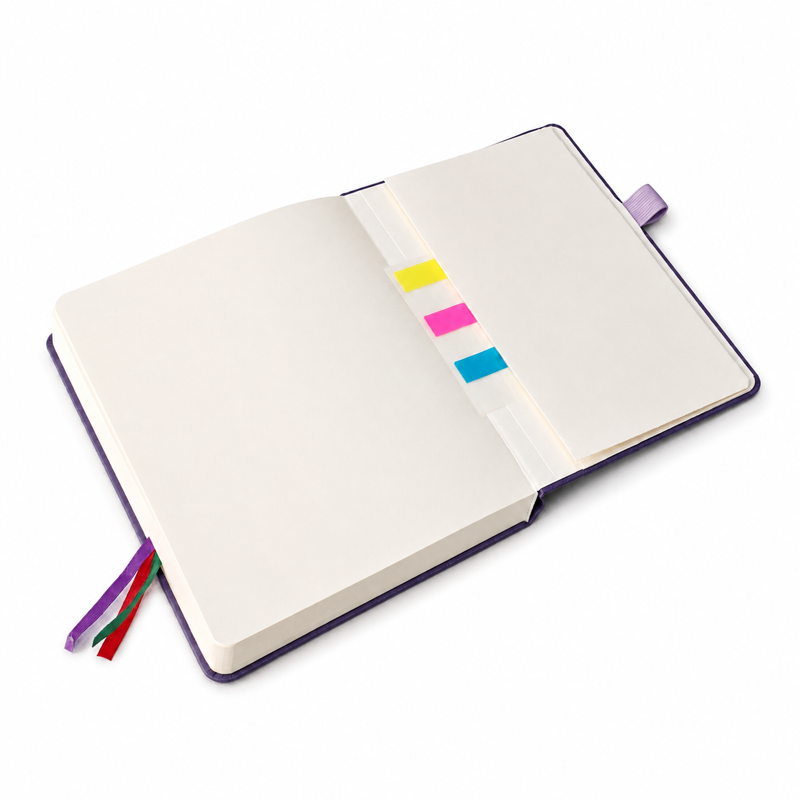 hardcover notebook (foil gold) (pen loop)(ribbon bookmark) 2 open pages top angle view hardcover notebook (foil gold) (pen loop)(ribbon bookmark) 2 open pages top angle view
