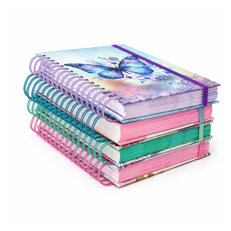 spiral notebooks (elastic band) 01 colorful stack three quarter view spiral notebooks (elastic band) 01 colorful stack three quarter view