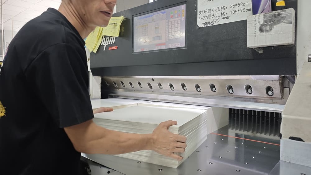 a trained worker operating a paper cutter